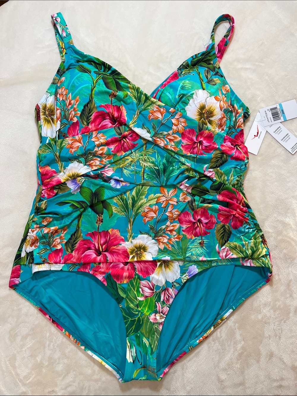 Jantzen Teal Floral One-Piece Swimsuit with Tummy Control. Size 20W. NWT.